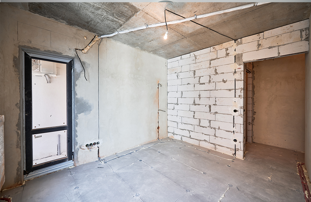 Comparison of children room with wooden bunk bed before and after restoration. Old apartment room with brick wall and new renovated flat with parquet floor and kid house bed.